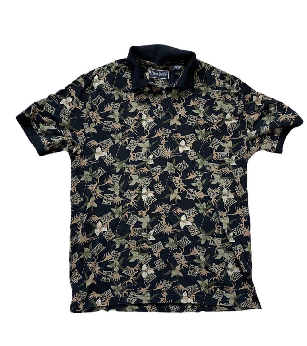 Vintage OP Ocean Pacific Black Hawaiian Polo Shirt Large